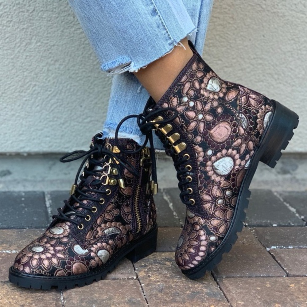 Alice + Olivia Metallic Rose Lace-Up Combat Boots with Gold Accents